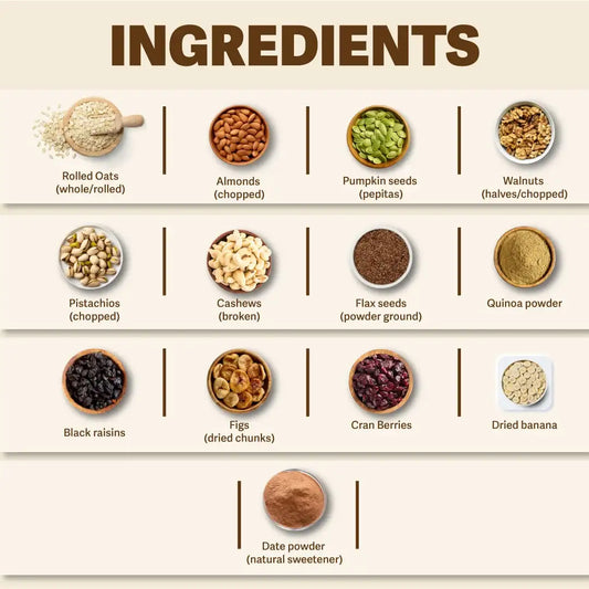 Supreme Oatmeal ingredients — oats, nuts and seeds for a high-protein breakfast