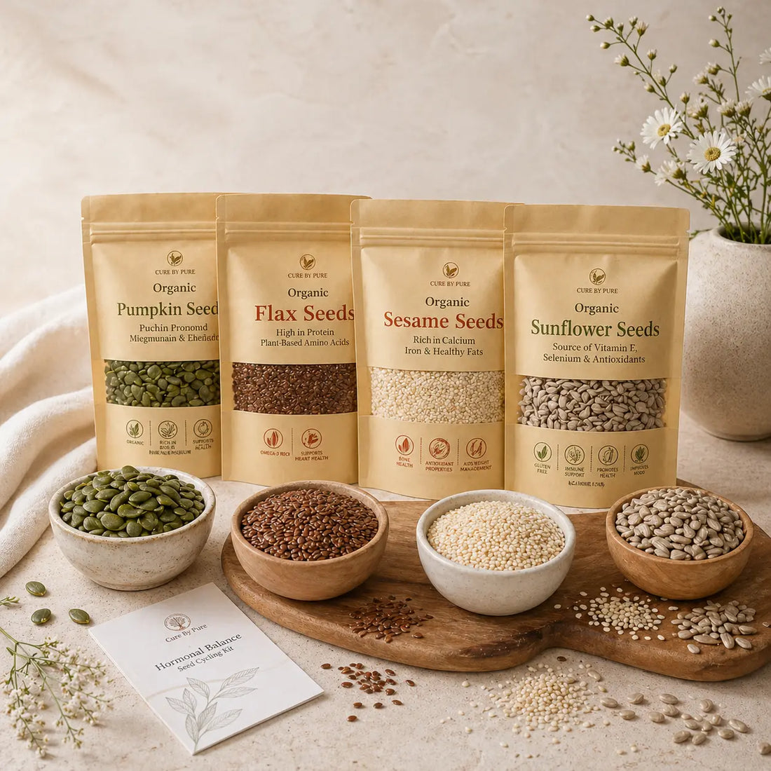 Seeds for weight loss Pakistan 2026 chia flax pumpkin sesame sunflower five bowls organic
