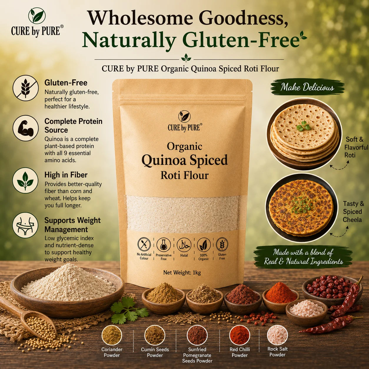 quinoa spiced roti flour by Cure By Pure ingredients label