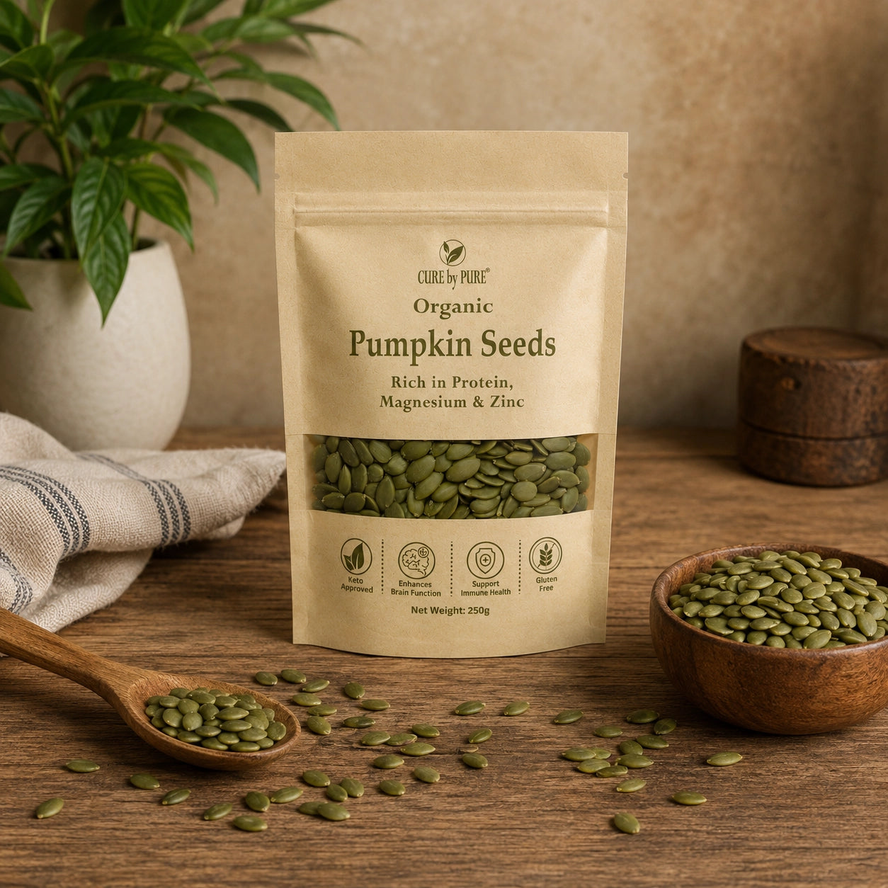 Organic pumpkin seeds Pakistan — raw shelled kaddu ke beej 250g by Cure by Pure